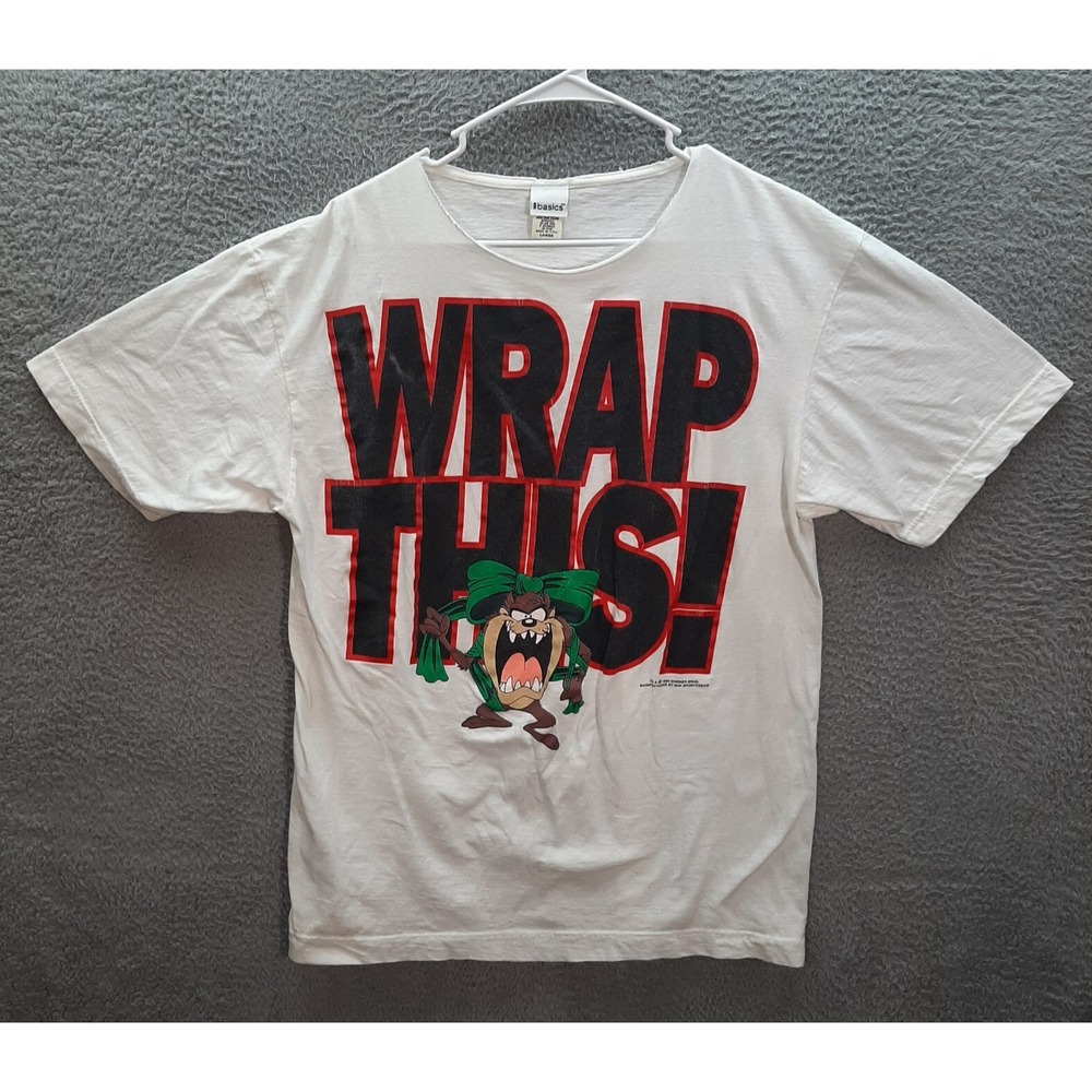 Vintage Christmas Shirt Adult Large White Tasmanian Devil 1990s Grunge THRASHED